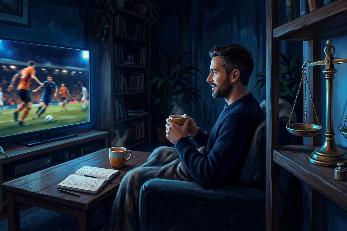 Ilustrasi suporter menonton pertandingan dengan tenang di samping timbangan kuno