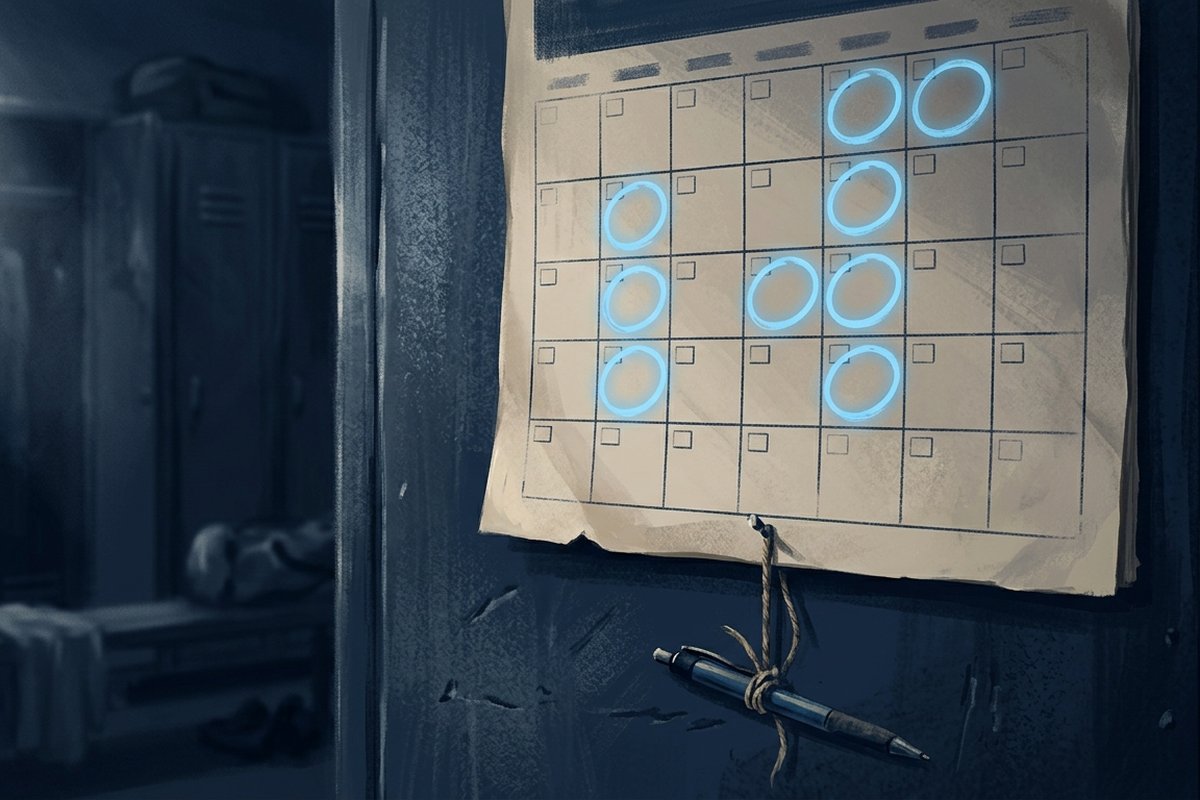 Ilustrasi kalender fixtur sepak bola dengan laga yang ditandai lingkaran biru