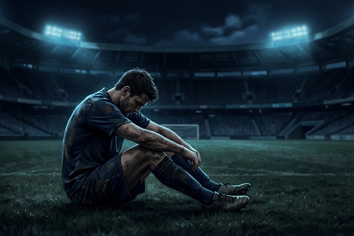 Ilustrasi pemain sepak bola duduk lelah di tepi lapangan malam hari