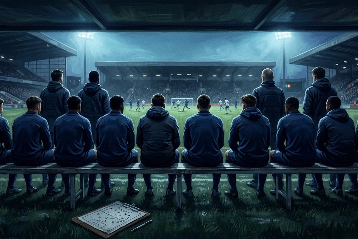 Ilustrasi bangku cadangan pemain sepak bola di bawah lampu stadion biru